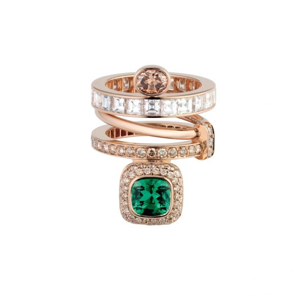 80-1 Grand Jeté玫瑰金三圈戒指，饰祖母绿、褐色钻石和白色钻石