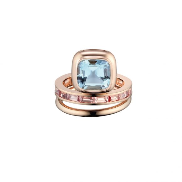80-2 Grand Jeté玫瑰金双圈戒指，饰海蓝宝石和褐色蓝宝石