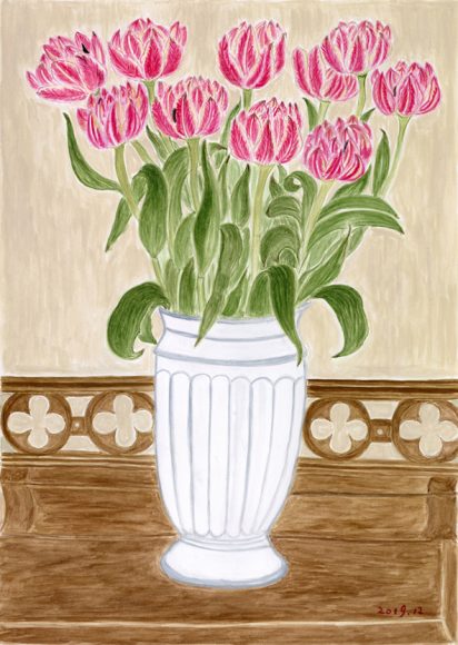 粉红郁金香Pink Tulips,2019,纸本设色ink and color on paper,51×36cm